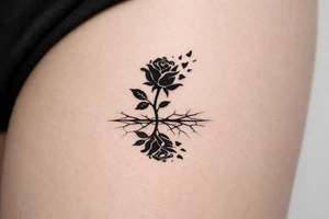 Rose silhouette, shattering petals, mirrored in a cracked surface. tattoo idea