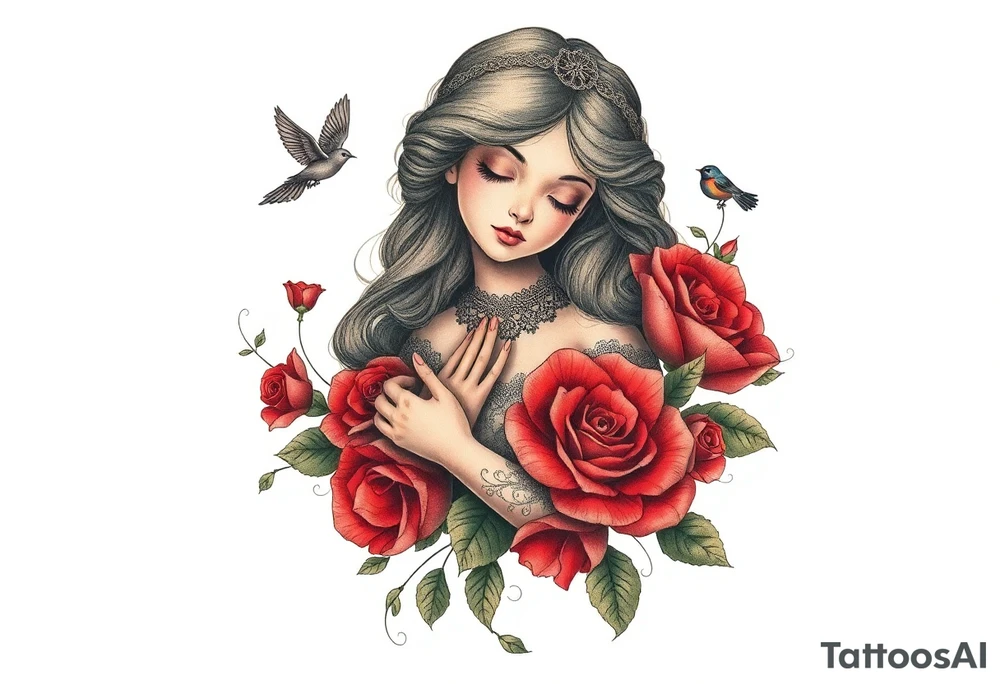 Vintage dollies, red roses, lace, red bird, vintage, wrap around, tighter together, no space open tattoo idea