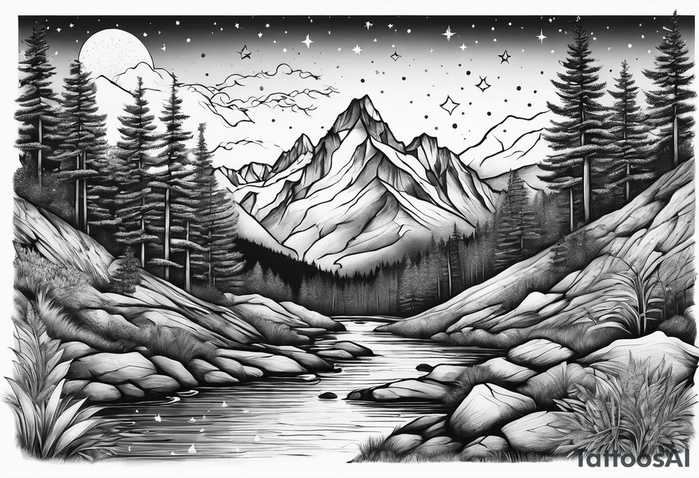 mountains, nature, stars, cross, waterfall, water tattoo idea