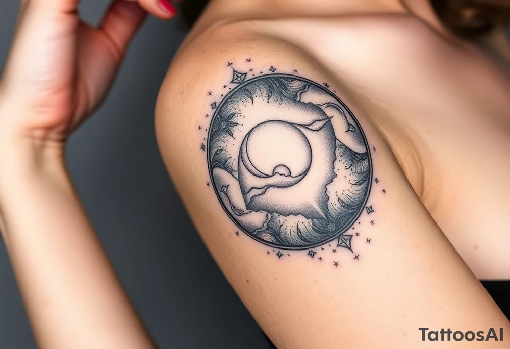 A photorealistic galaxy themed tattoo, bordered with a oval shaped frame tattoo idea