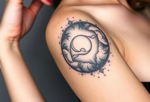 A photorealistic galaxy themed tattoo, bordered with a oval shaped frame tattoo idea