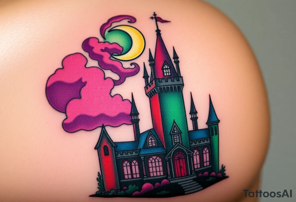 Tim Burton’s disney sleeping beauty’s haunted castle is abandoned and dripping with muted reds, dusty pinks, and eerie green glow.purple and cyan smokey clouds swirl in the crescent moonlit sky thats sprinkled with stars tattoo idea tattoo idea