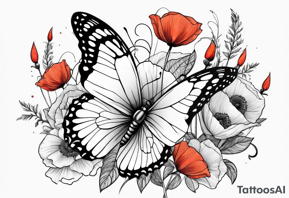 Butterfly with poppy flowers as the top wings tattoo idea