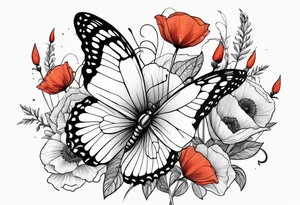 Butterfly with poppy flowers as the top wings tattoo idea