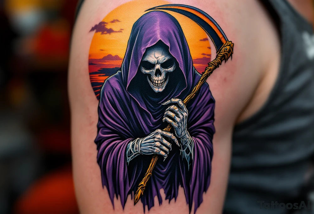 A Grim Reaper in a deep purple cloak, wielding a golden-edged scythe against a sunset backdrop. tattoo idea