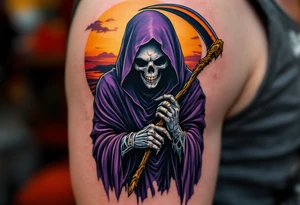 A Grim Reaper in a deep purple cloak, wielding a golden-edged scythe against a sunset backdrop. tattoo idea
