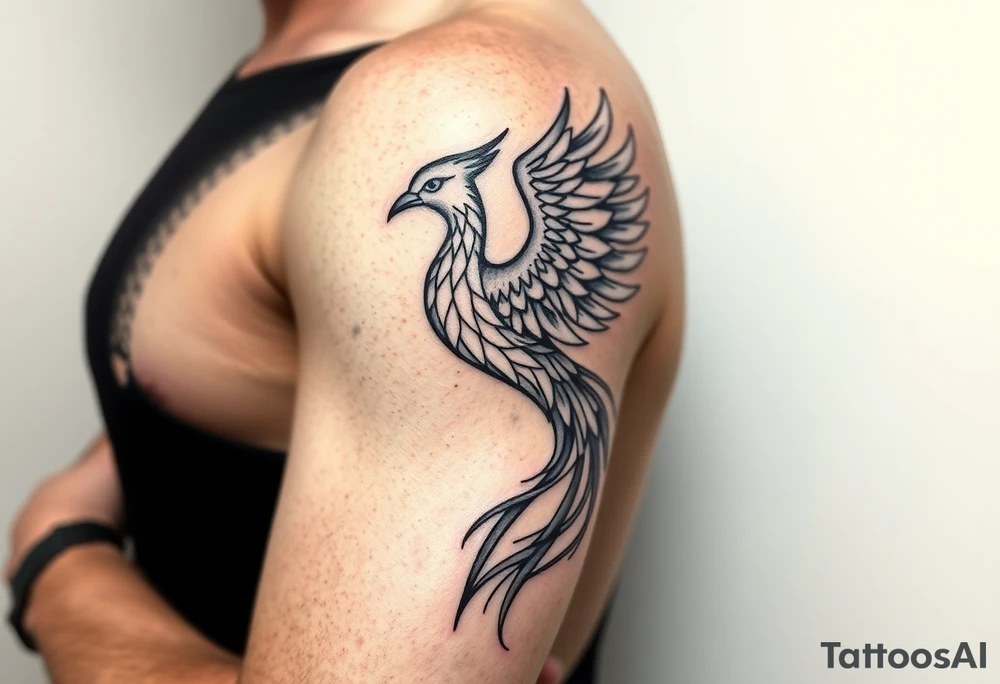 Side arm tattoo with the phoenix rising from the ashes linked with libra sign and based on discipline and the help of God.Geometric and abstract style tattoo idea