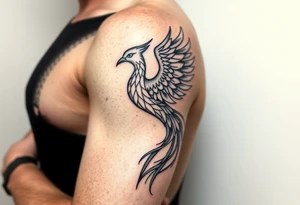 Side arm tattoo with the phoenix rising from the ashes linked with libra sign and based on discipline and the help of God.Geometric and abstract style tattoo idea