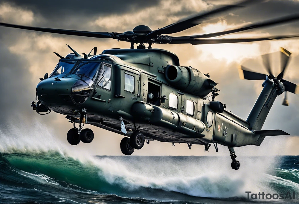A cinematic-style tattoo depicting a Canadian military CH-148 Cyclone helicopter performing a daring maneuver over a turbulent ocean. The sky should be filled with dramatic clouds, and the sun should be setting, casting long shadows. The helicopter should be the main focus, with intricate details and a sense of motion tattoo idea