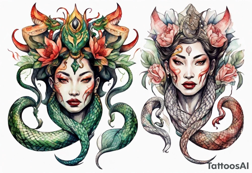 a Naga with a woman's face and the body of a serpent tattoo idea