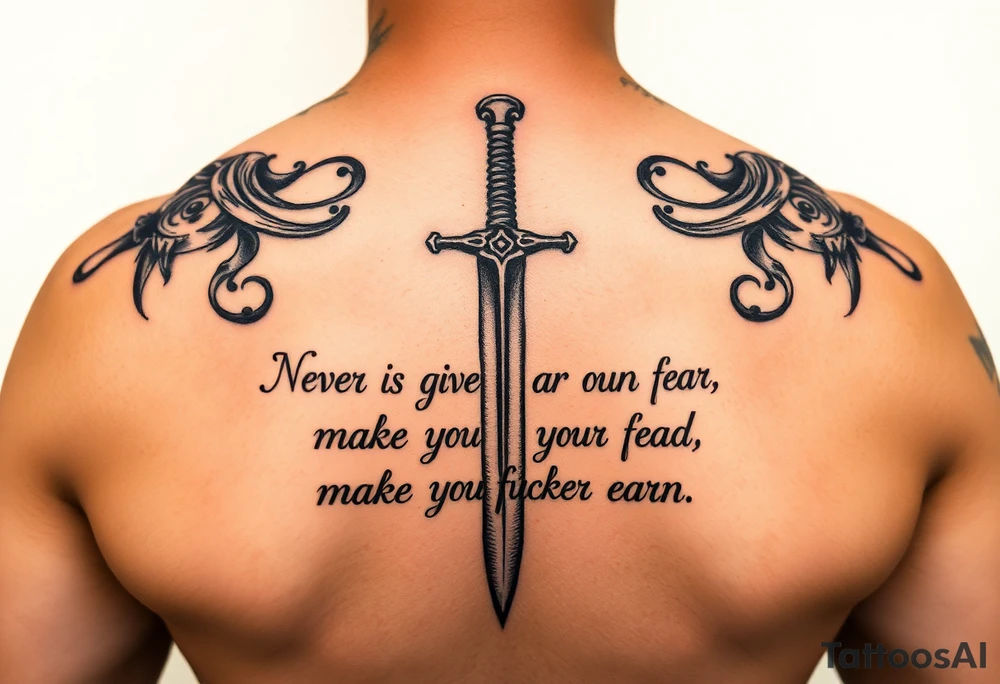 Using the abuse survivor mental health sword and the quote “Never give a man your fear, make the fucker earn it” tattoo idea