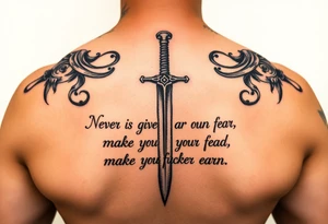 Using the abuse survivor mental health sword and the quote “Never give a man your fear, make the fucker earn it” tattoo idea