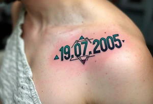 Geometric date 19.07.2005 in dark teal ink, with triangles and lines subtly framing the digits. tattoo idea