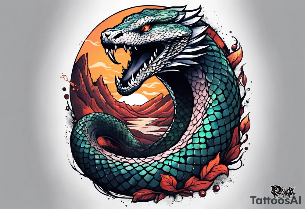 a Sleeve tattoo of jormungandr, the mythical giant snake from god of war the game tattoo idea
