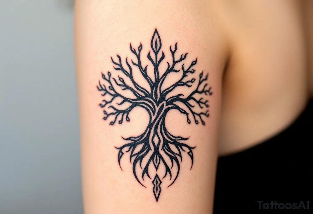 mystical tree of life with cosmic roots and celestial branches tattoo idea