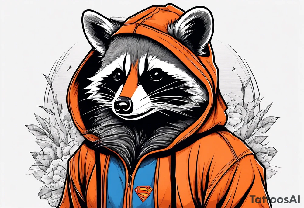 Raccoon wearing an orange Superman hoodie tattoo idea