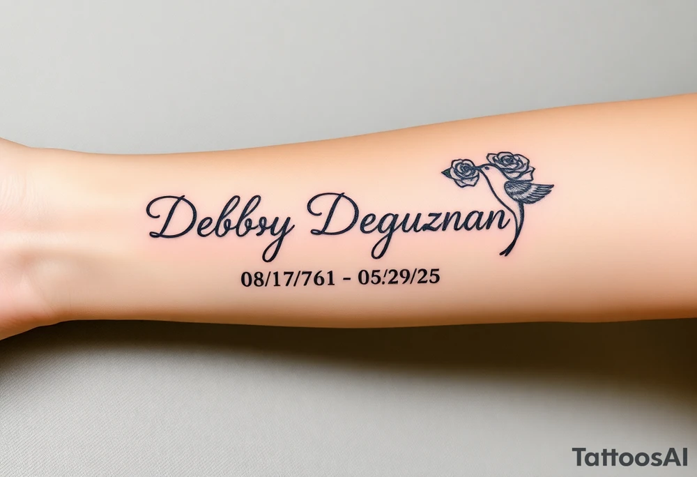 Tattoo of the exact name Debby Deguzman in chunky curly cursive with the exact dates of 08/17/61-05/29/25 surrounded by 1 hummingbird and 1 rose tattoo idea