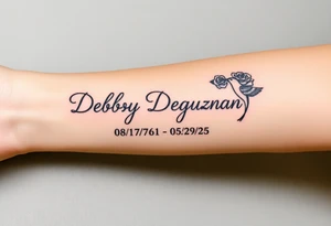 Tattoo of the exact name Debby Deguzman in chunky curly cursive with the exact dates of 08/17/61-05/29/25 surrounded by 1 hummingbird and 1 rose tattoo idea