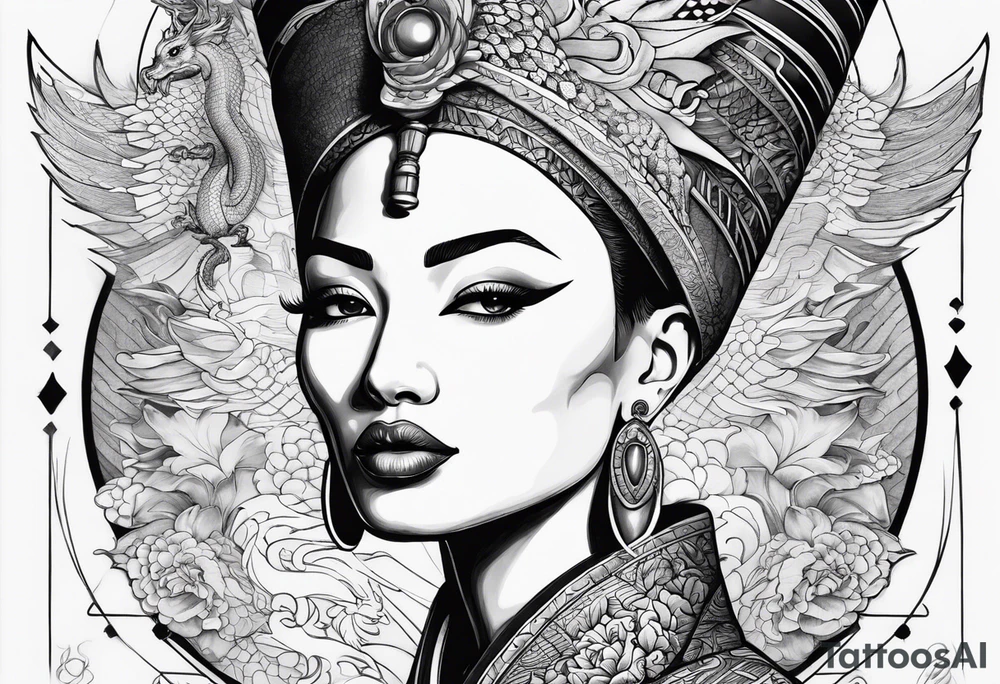 nerfertiti with asian style, dragon tattoo idea