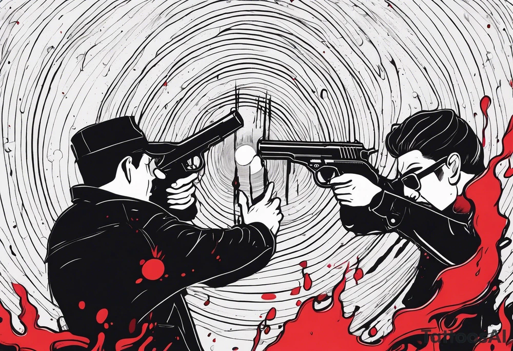 In the reflection of a eye crying blood two black siloets of people holding guns one man dead on the ground with a wounded woman standing behind him tattoo idea