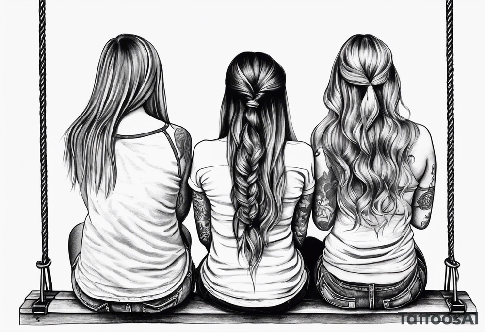 Three girls seen from behind sitting on a swing. One girl is older with long hair, another is middle-aged with shorter hair, and the youngest has two pigtails tattoo idea