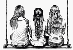 Three girls seen from behind sitting on a swing. One girl is older with long hair, another is middle-aged with shorter hair, and the youngest has two pigtails tattoo idea