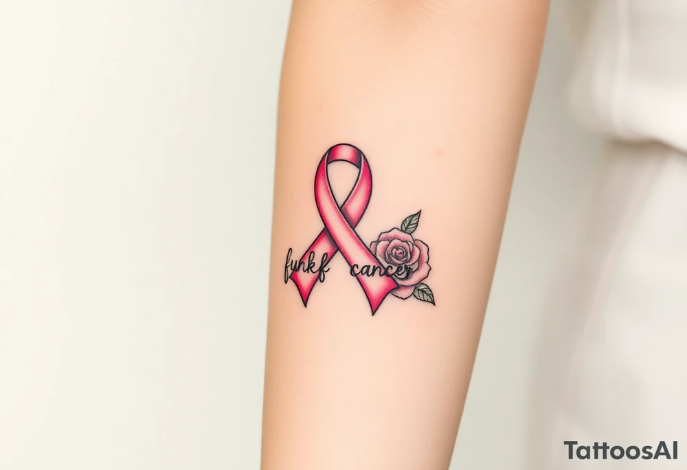 Pretty light pink Cancer ribbon that says "fuck cancer"with roses tattoo idea