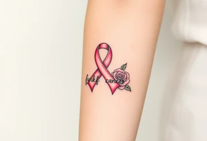 Pretty light pink Cancer ribbon that says "fuck cancer"with roses tattoo idea