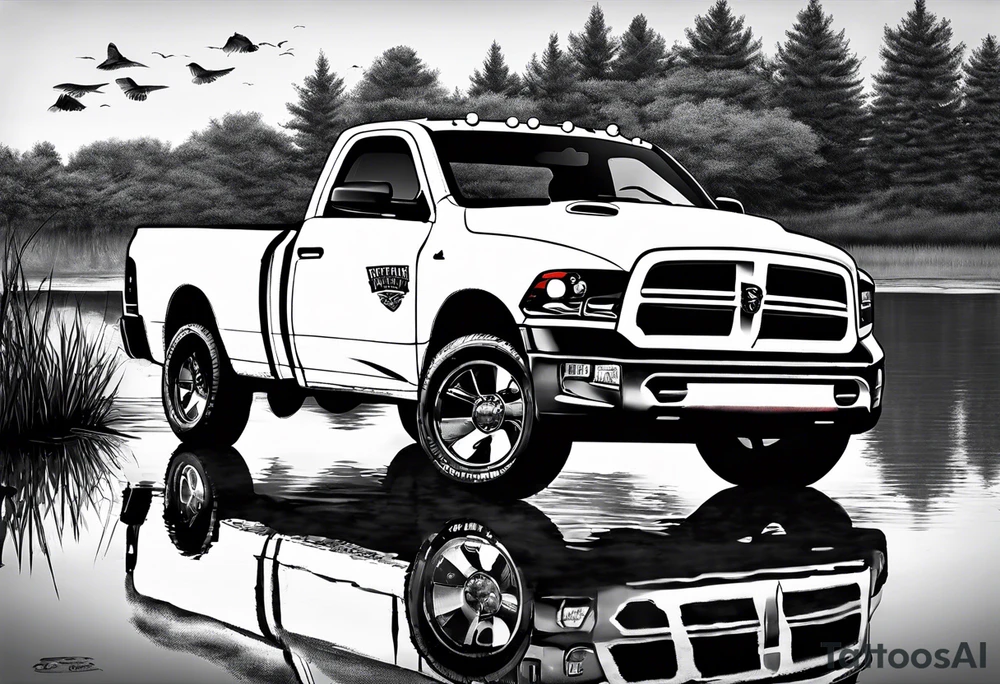 2nd gen dodge ram 1500 single cab short bed in front of a pond with a sign that says gone fishing 
With a mansitting and fishing in the pond tattoo idea