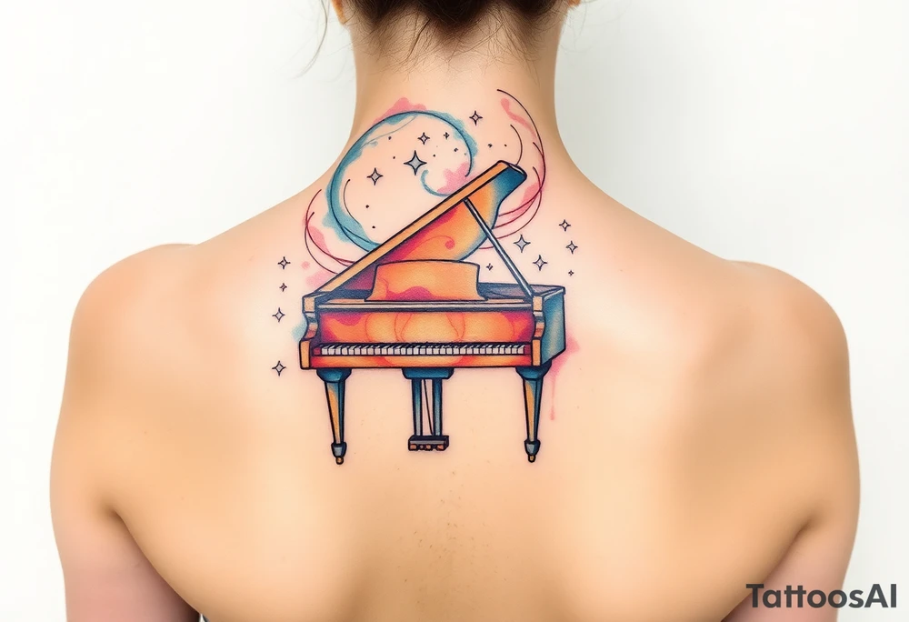 a grand piano under a swirl of stars tattoo idea