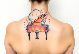a grand piano under a swirl of stars tattoo idea