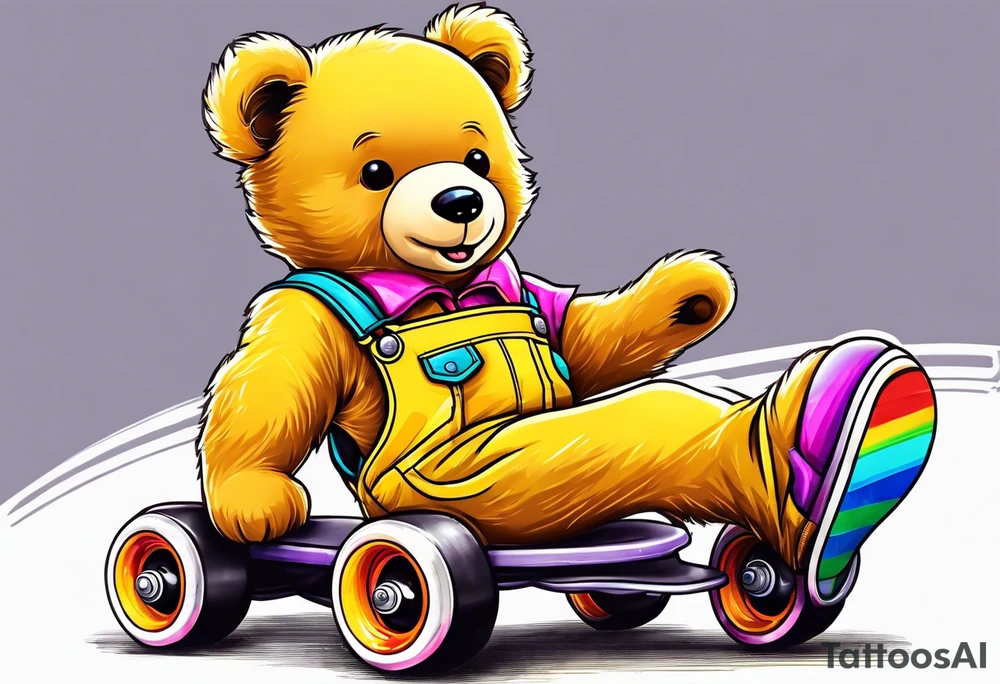 A rollerskating teddy bear in yellow overalls and rainbow skates tattoo idea