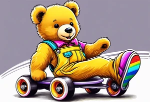 A rollerskating teddy bear in yellow overalls and rainbow skates tattoo idea