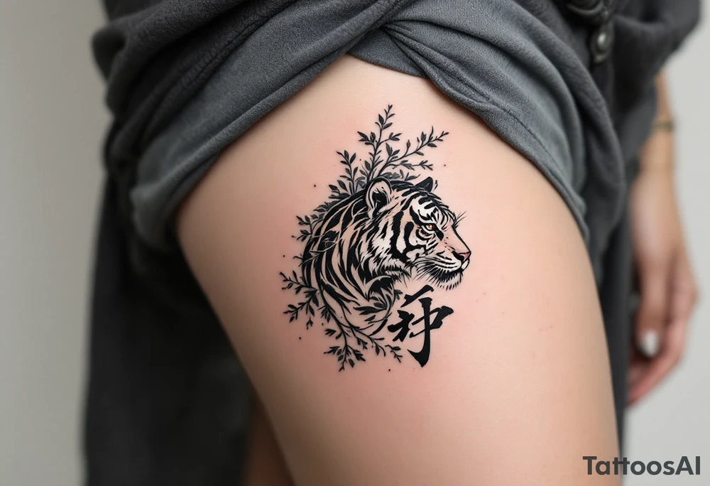 The character 爱 (ài, “love”) in deep red ink in dark gray pairs with a tiger to emphasize inner and outer power. tattoo idea