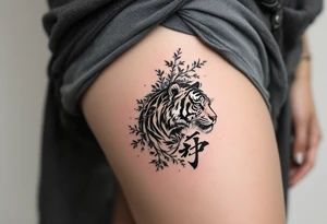 The character 爱 (ài, “love”) in deep red ink in dark gray pairs with a tiger to emphasize inner and outer power. tattoo idea