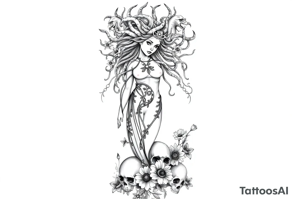 Ethereal Medusa standing. She is beautiful and feminine. She is a phoenix rising from fire and ash. Surrounded by flowers and standing around skulls. Incorporate the phoenix and fire into the Medusa tattoo idea