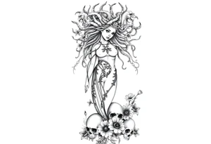 Ethereal Medusa standing. She is beautiful and feminine. She is a phoenix rising from fire and ash. Surrounded by flowers and standing around skulls. Incorporate the phoenix and fire into the Medusa tattoo idea