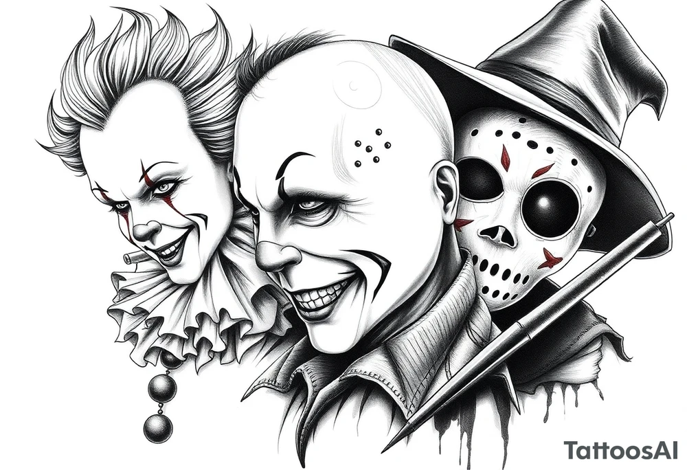 Pennywise, Freddy Krueger, Michael Meyers, jason voorhees, and chucky tattoo idea