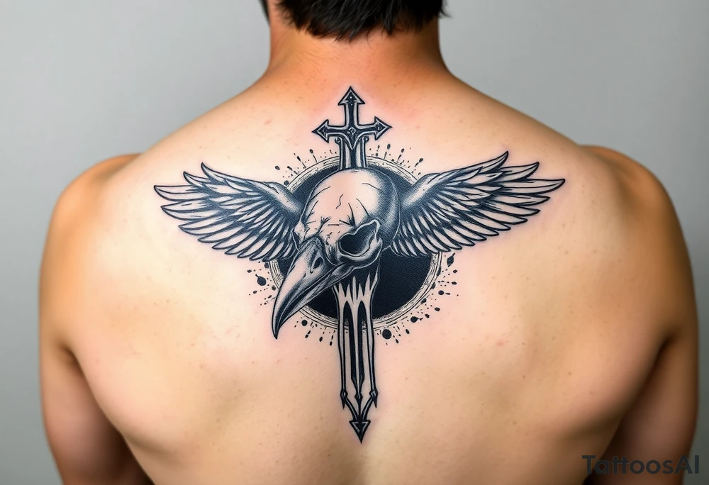 Leviathan cross etched on the skull of a raven with a cosmic black hole background tattoo idea