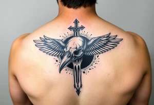 Leviathan cross etched on the skull of a raven with a cosmic black hole background tattoo idea