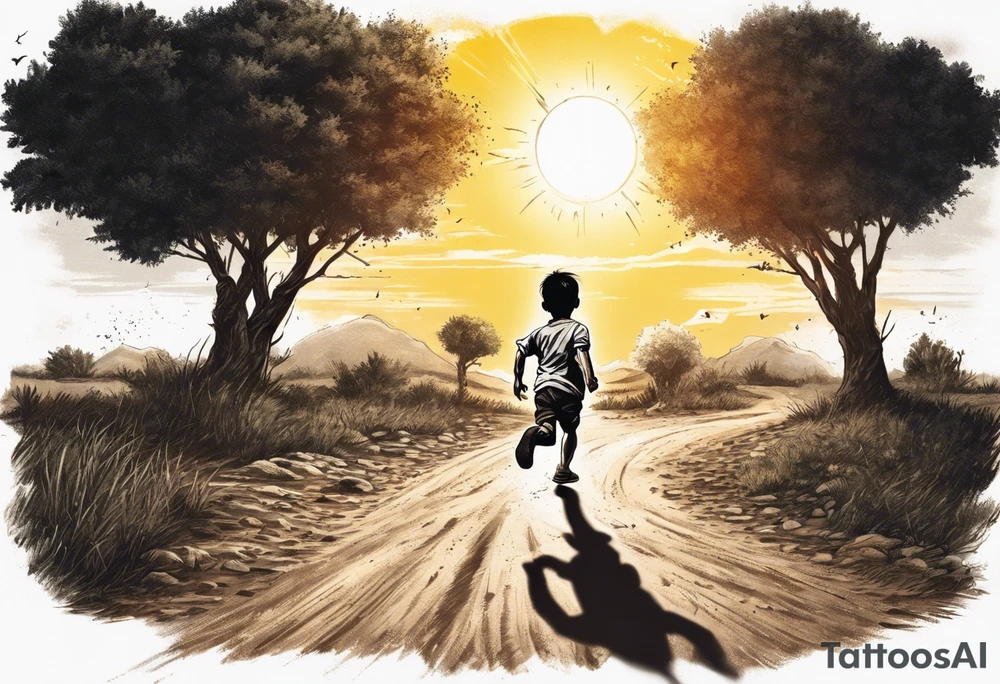 a male child running on a dirt road.
the child is running away towards a sun that is being hugged by a hammer.
on the left side of the dirt road pointing at the child ak47 and rpg.
on the right side there are trees.
under the sun clouds form the date 07.10.2023 tattoo idea