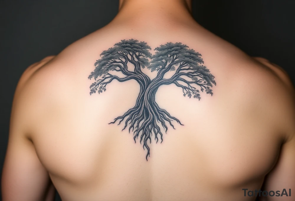 A majestic tree with deep brown roots and lush green leaves, forming a heart shape, symbolizing strength and unwavering hope tattoo idea