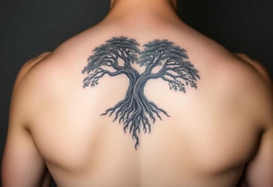 A majestic tree with deep brown roots and lush green leaves, forming a heart shape, symbolizing strength and unwavering hope tattoo idea