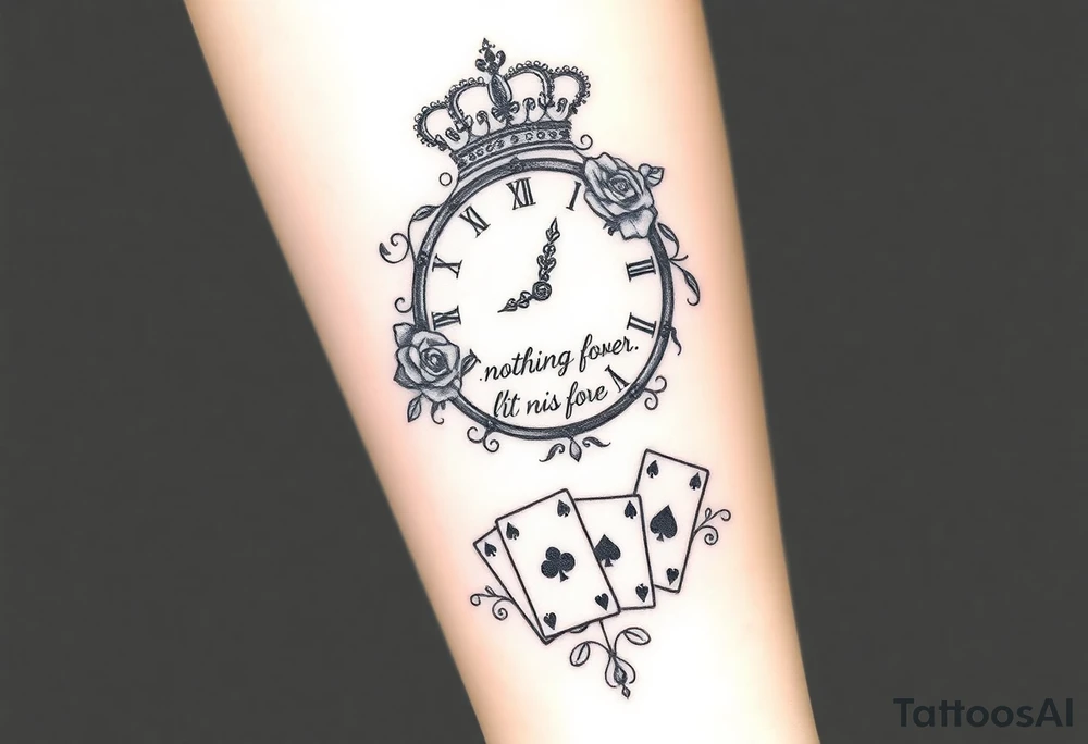 Roman clock with roses and a crown,  a quote that says nothings forever. and on the bottom a deck of cards tattoo idea