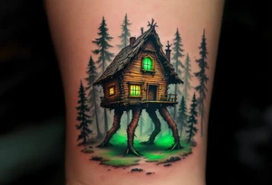 Baba Yaga’s Hut – A crooked wooden hut on giant chicken legs, in desaturated browns and grays, set in a misty pine forest with eerie green lighting. tattoo idea
