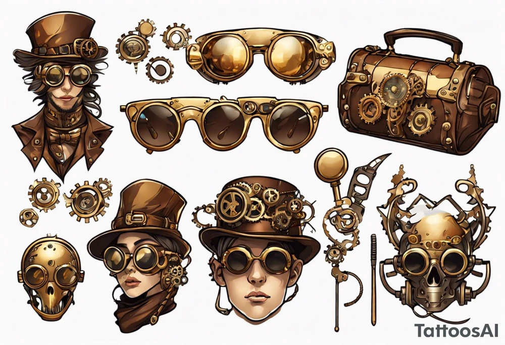 Steampunk
Anime
Gold
Brown
Sunglasses 
Mechanical devices
Leather
People tattoo idea