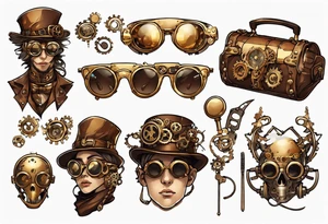 Steampunk
Anime
Gold
Brown
Sunglasses 
Mechanical devices
Leather
People tattoo idea