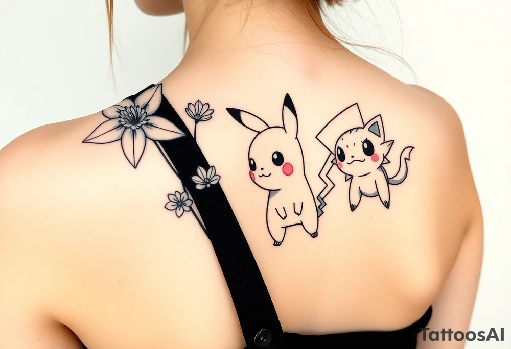 Thin outline of daffodil flowers, narcissist flowers, acute Pikachu and a cute Bulbasaur tattoo idea