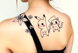Thin outline of daffodil flowers, narcissist flowers, acute Pikachu and a cute Bulbasaur tattoo idea
