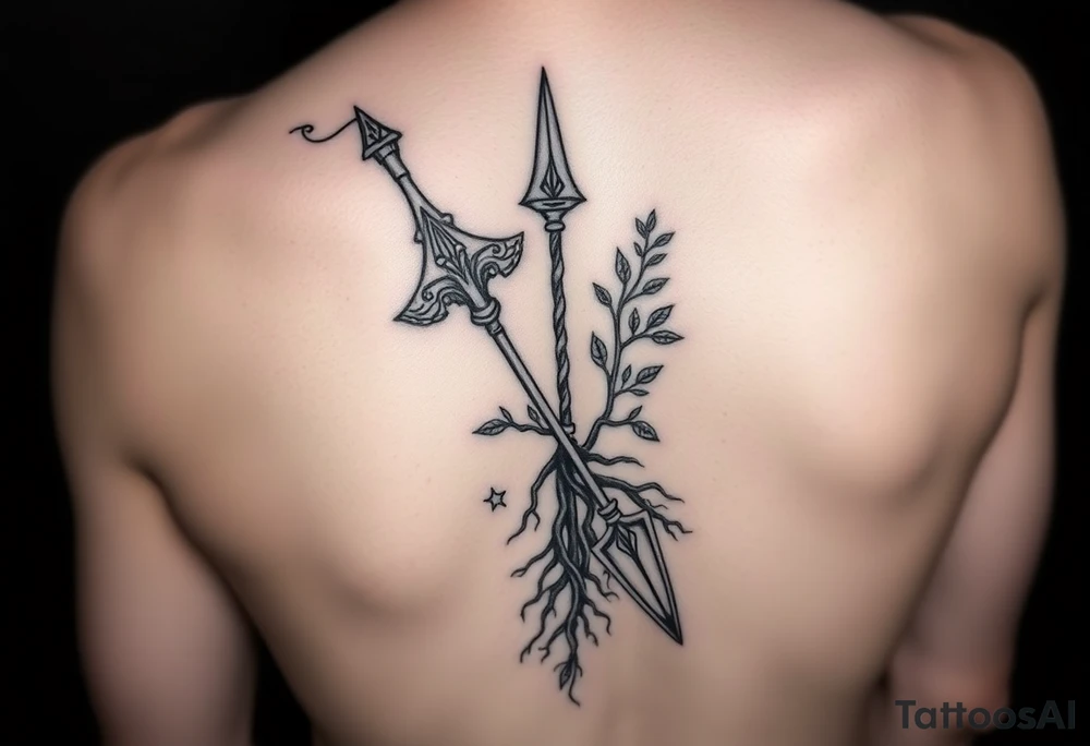 A broken spear with roots growing through it, tribal blackwork style, symbolizing healing through soul, not ego. 
One side traditional tribal pattern (e.g. Polynesian spear motifs), the other cracked but reforged with symbols of soul: leaves, stars, or water. 
The roots at the bottom, the spear at the top, tattoo idea